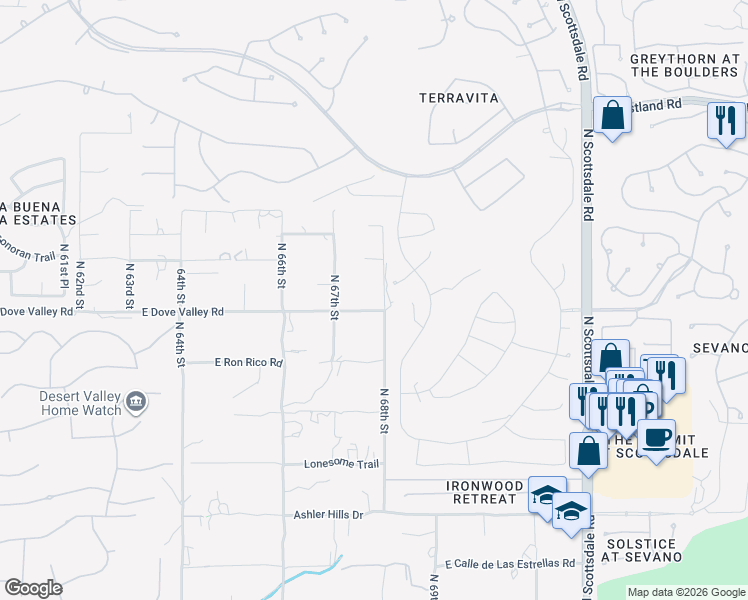 map of restaurants, bars, coffee shops, grocery stores, and more near 33010 North 68th Street in Cave Creek