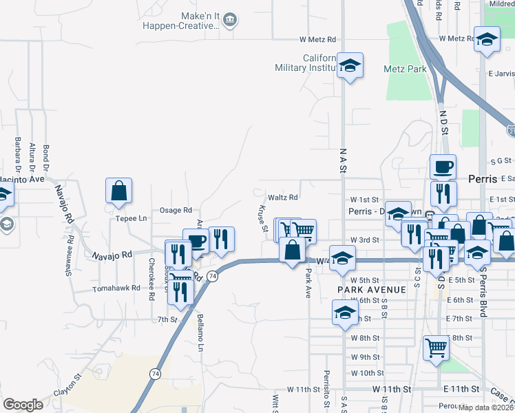 map of restaurants, bars, coffee shops, grocery stores, and more near 144 Kruse Street in Perris