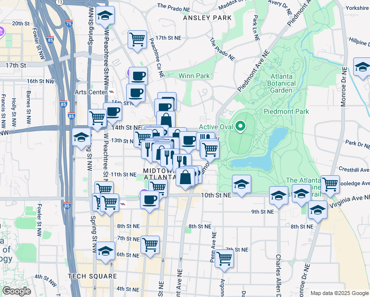 map of restaurants, bars, coffee shops, grocery stores, and more near 195 13th Street Northeast in Atlanta