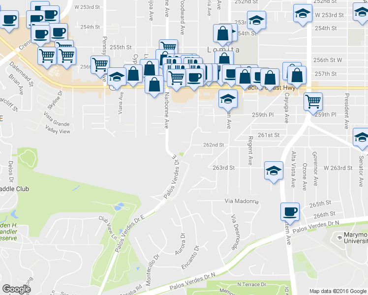 map of restaurants, bars, coffee shops, grocery stores, and more near 26205 Oak Street in Lomita