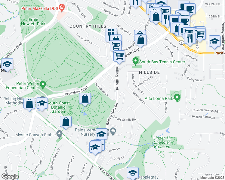map of restaurants, bars, coffee shops, grocery stores, and more near 3602 West Estates Lane in Rolling Hills Estates