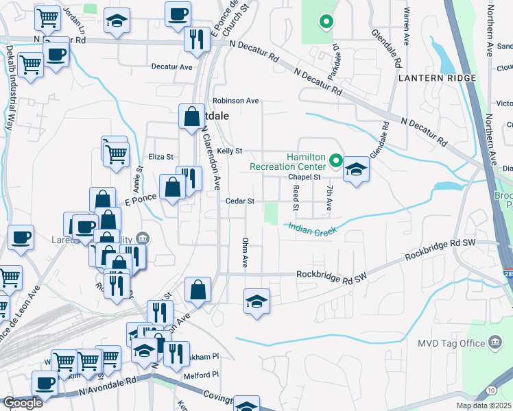map of restaurants, bars, coffee shops, grocery stores, and more near 3143 Cedar Street in Scottdale