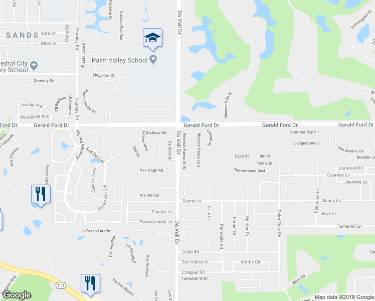map of restaurants, bars, coffee shops, grocery stores, and more near 21 Mission Palms Drive West in Rancho Mirage