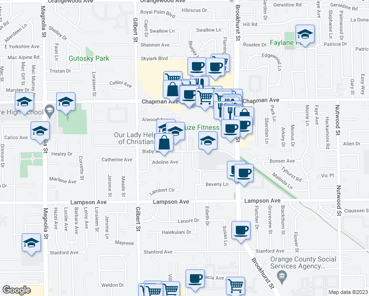 map of restaurants, bars, coffee shops, grocery stores, and more near 12221 Peacock Court in Garden Grove