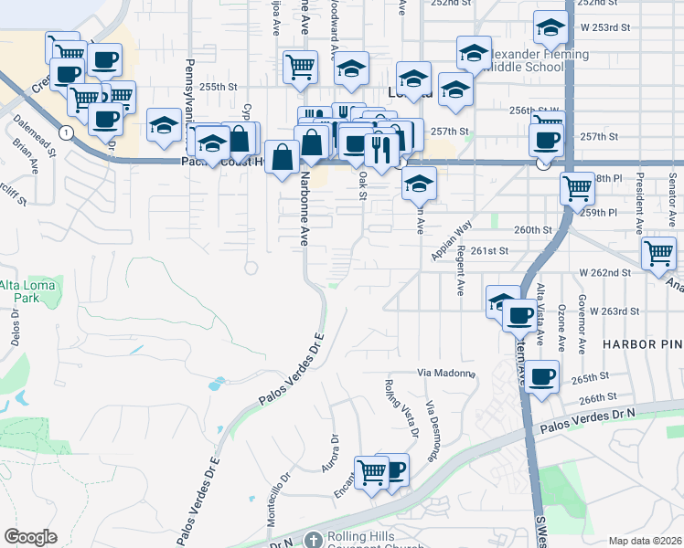 map of restaurants, bars, coffee shops, grocery stores, and more near 26232 Oak Street in Lomita