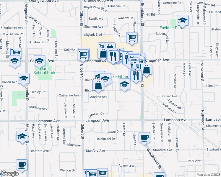 map of restaurants, bars, coffee shops, grocery stores, and more near 12221 Peacock Court in Garden Grove