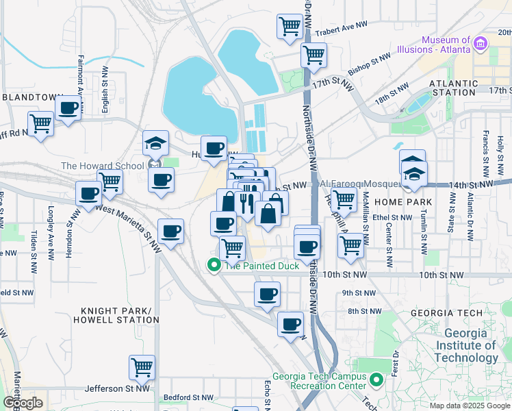 map of restaurants, bars, coffee shops, grocery stores, and more near 1085 Howell Mill Road Northwest in Atlanta