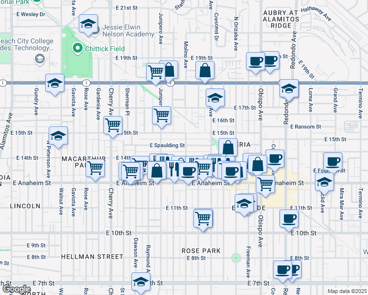 map of restaurants, bars, coffee shops, grocery stores, and more near 2598 East Spaulding Street in Long Beach
