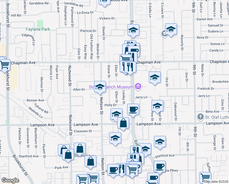 map of restaurants, bars, coffee shops, grocery stores, and more near 12271 Ellen Street in Garden Grove