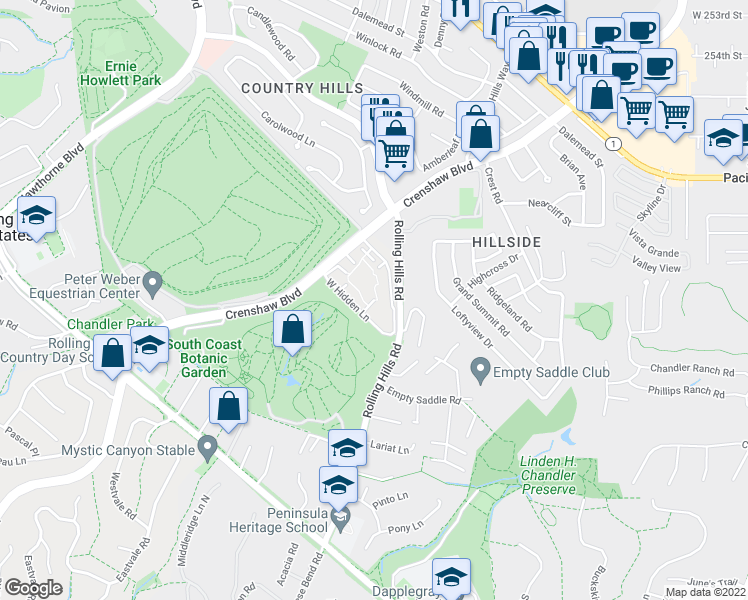 map of restaurants, bars, coffee shops, grocery stores, and more near 3602 West Estates Lane in Rolling Hills Estates