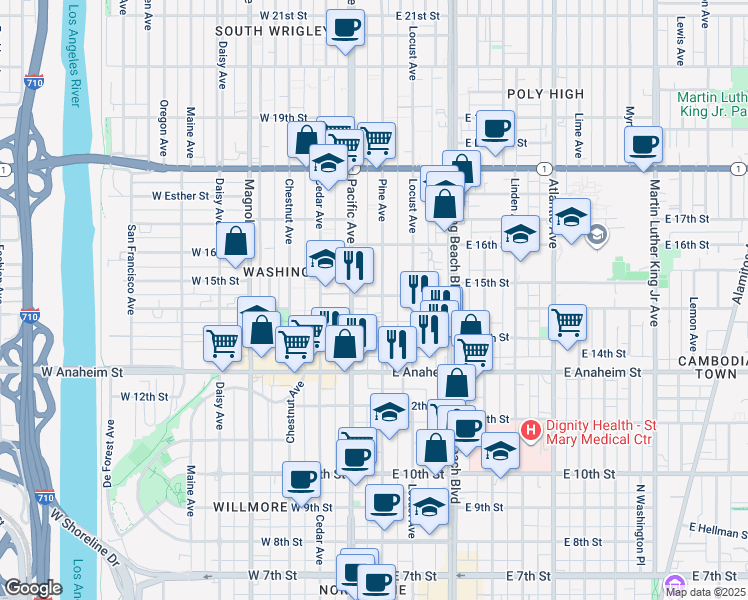 map of restaurants, bars, coffee shops, grocery stores, and more near 1429 Pine Avenue in Long Beach