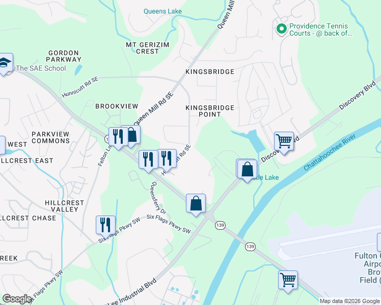 map of restaurants, bars, coffee shops, grocery stores, and more near 600 Discovery Place in Mableton