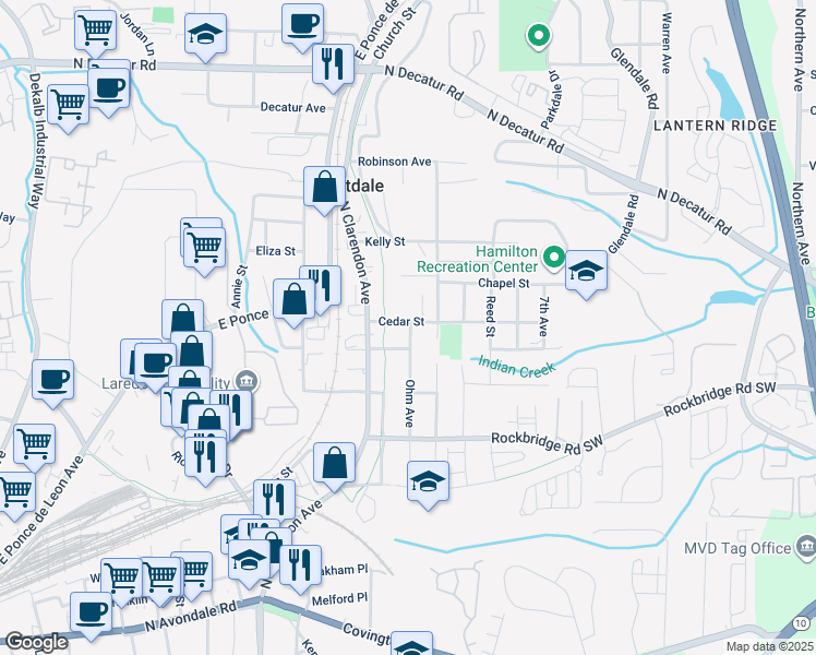 map of restaurants, bars, coffee shops, grocery stores, and more near 3123 Cedar Street in Scottdale