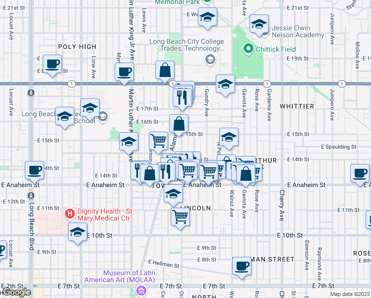 map of restaurants, bars, coffee shops, grocery stores, and more near 1446 Orange Avenue in Long Beach