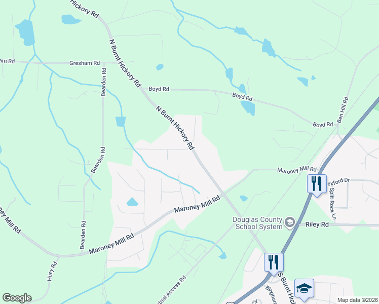 map of restaurants, bars, coffee shops, grocery stores, and more near 785 North Burnt Hickory Road in Douglasville