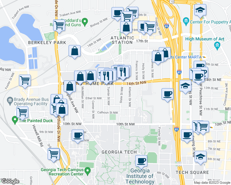 map of restaurants, bars, coffee shops, grocery stores, and more near 1117 Mecaslin Street Northwest in Atlanta