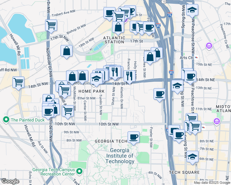 map of restaurants, bars, coffee shops, grocery stores, and more near 1090 State Street Northwest in Atlanta