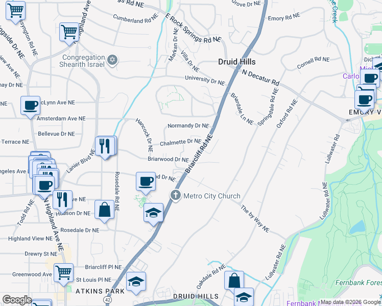 map of restaurants, bars, coffee shops, grocery stores, and more near 1086 Briarcliff Road Northeast in Atlanta