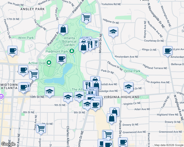 map of restaurants, bars, coffee shops, grocery stores, and more near 570 Elmwood Drive Northeast in Atlanta