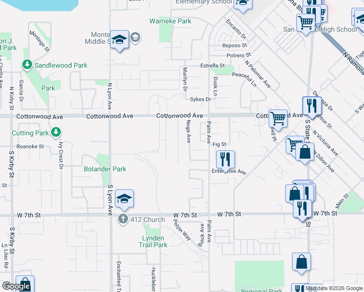map of restaurants, bars, coffee shops, grocery stores, and more near 340 Lori Ann Street in San Jacinto