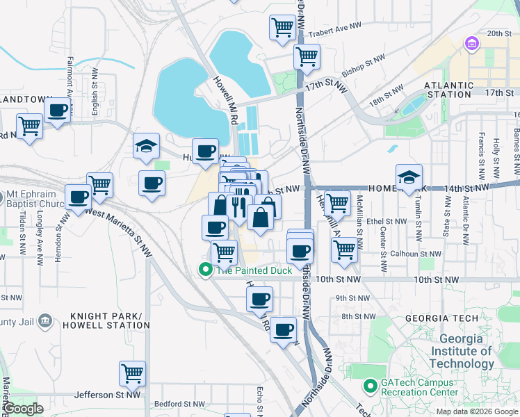 map of restaurants, bars, coffee shops, grocery stores, and more near 1 Interlock Avenue Northwest in Atlanta