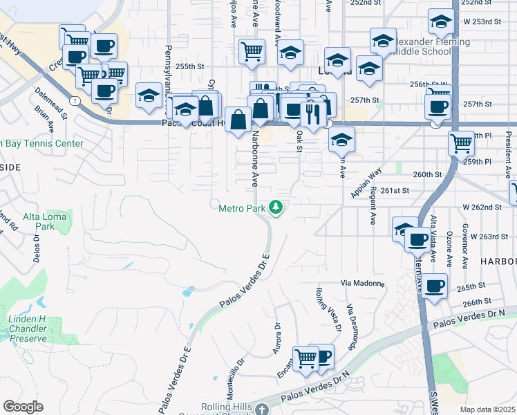 map of restaurants, bars, coffee shops, grocery stores, and more near 26130 Narbonne Avenue in Lomita