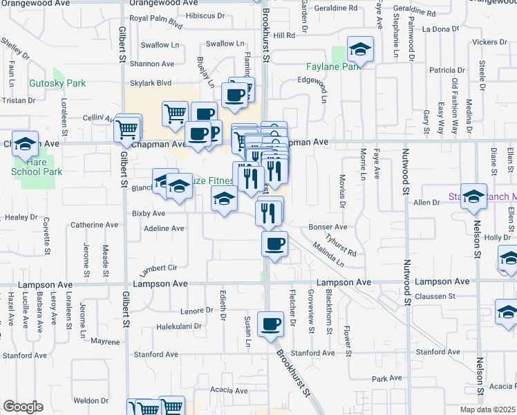 map of restaurants, bars, coffee shops, grocery stores, and more near in Garden Grove