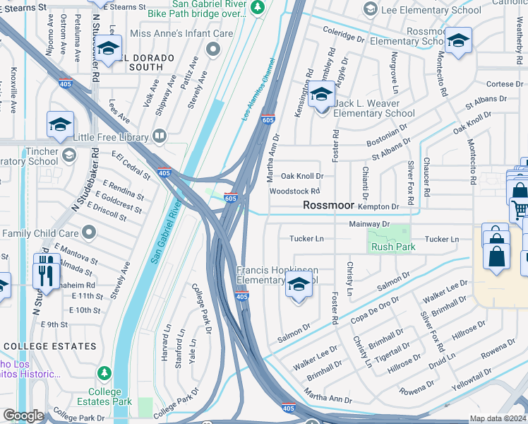 map of restaurants, bars, coffee shops, grocery stores, and more near 12231 Martha Ann Drive in Los Alamitos