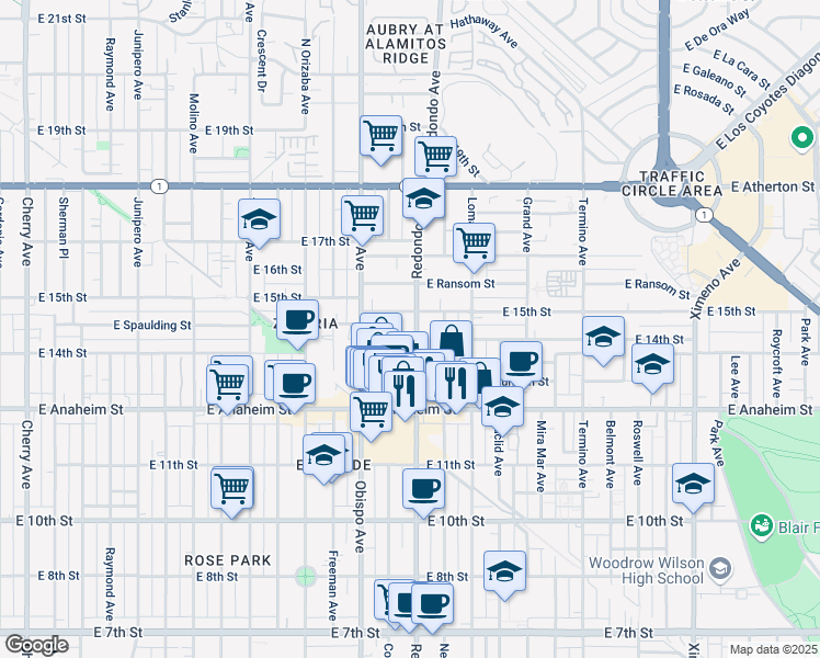 map of restaurants, bars, coffee shops, grocery stores, and more near 1400 Redondo Avenue in Long Beach