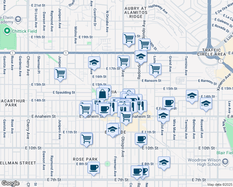 map of restaurants, bars, coffee shops, grocery stores, and more near 1403 Obispo Avenue in Long Beach