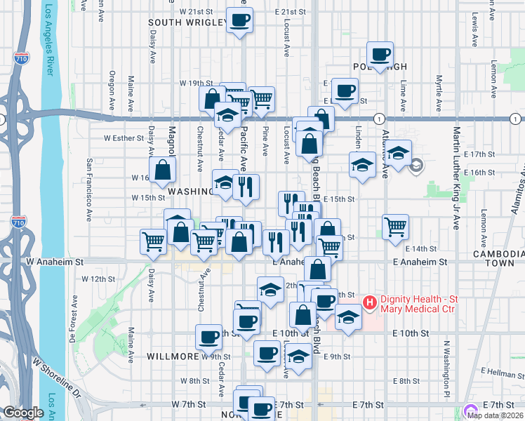 map of restaurants, bars, coffee shops, grocery stores, and more near 1475 Pine Avenue in Long Beach