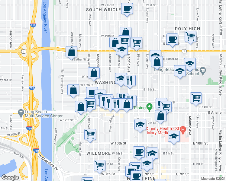 map of restaurants, bars, coffee shops, grocery stores, and more near 1415 Cedar Avenue in Long Beach