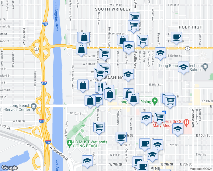 map of restaurants, bars, coffee shops, grocery stores, and more near 512 West Cowles Street in Long Beach