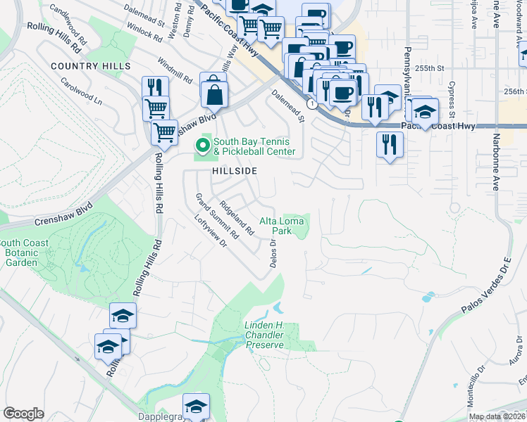 map of restaurants, bars, coffee shops, grocery stores, and more near 26130 Delos Drive in Torrance
