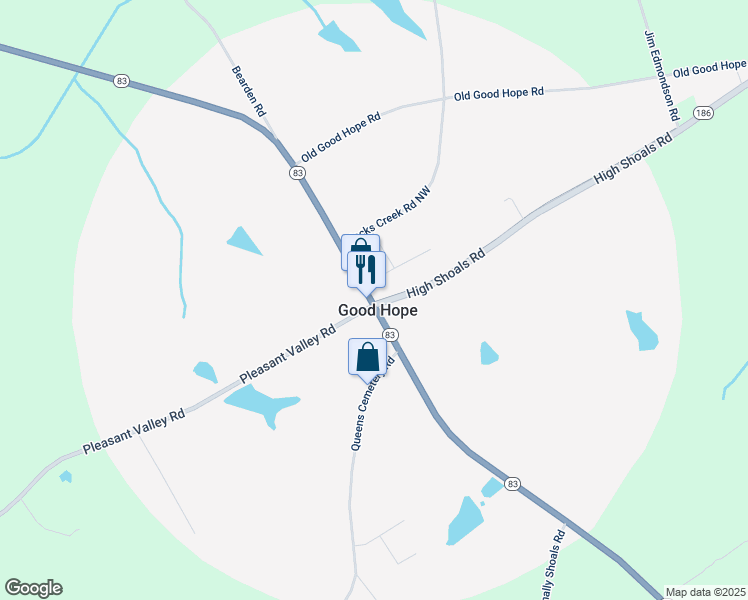 map of restaurants, bars, coffee shops, grocery stores, and more near Georgia 186 in Good Hope