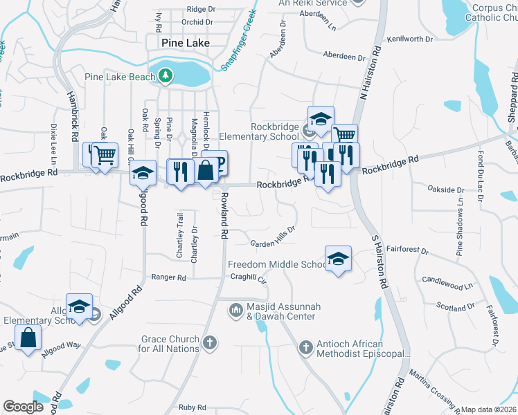 map of restaurants, bars, coffee shops, grocery stores, and more near 427 Prince of Wales in Stone Mountain