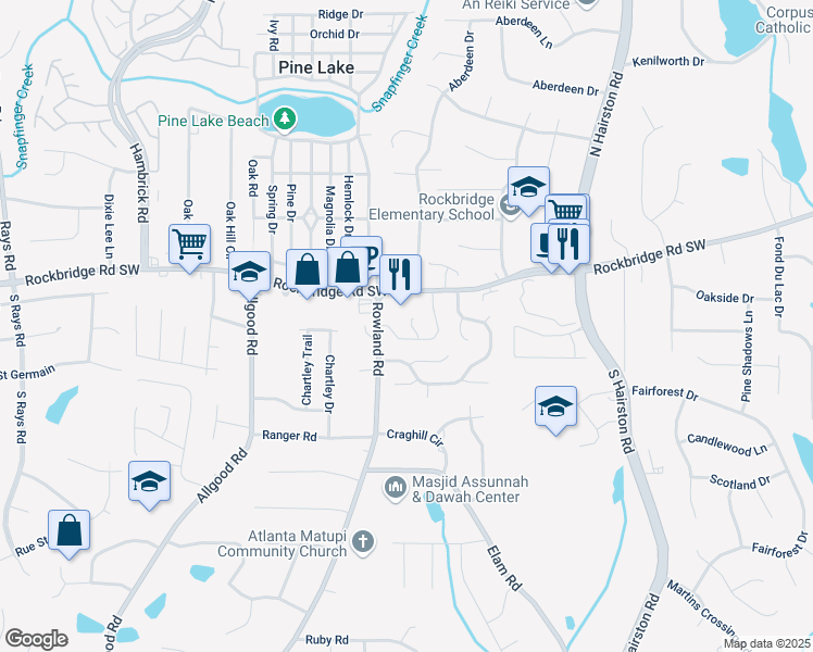 map of restaurants, bars, coffee shops, grocery stores, and more near 437 Saint Ives Square in Stone Mountain