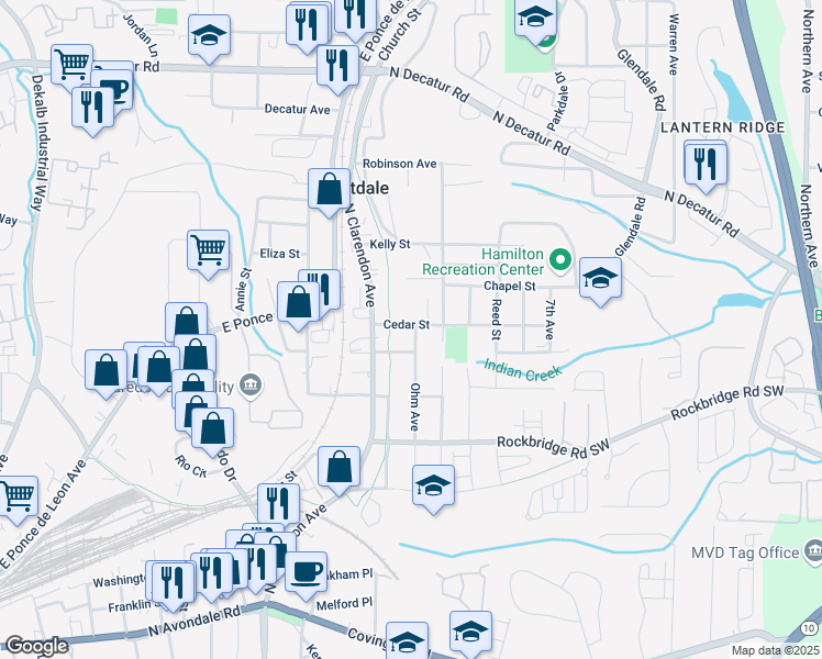 map of restaurants, bars, coffee shops, grocery stores, and more near 3123 Cedar Street in Scottdale