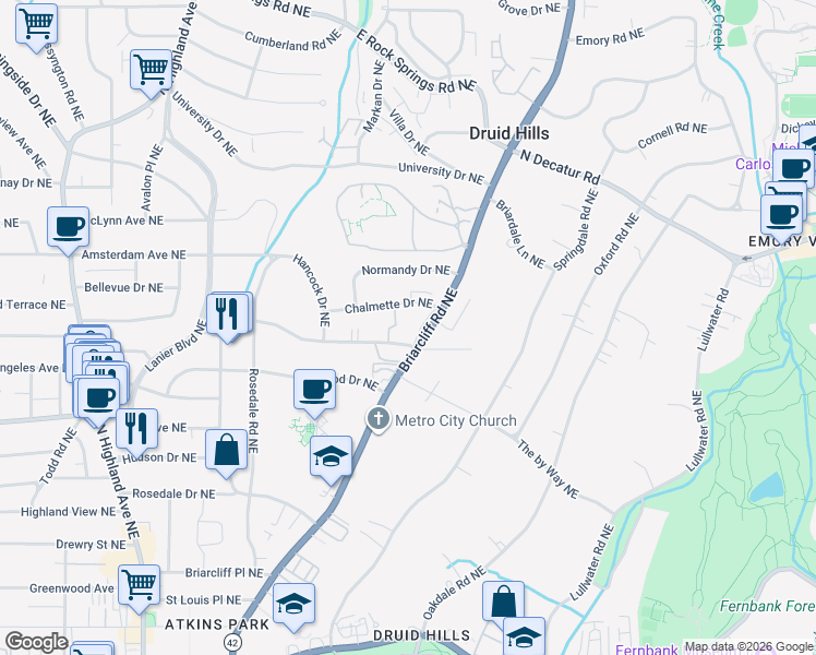 map of restaurants, bars, coffee shops, grocery stores, and more near 1086 Briarcliff Road Northeast in Atlanta