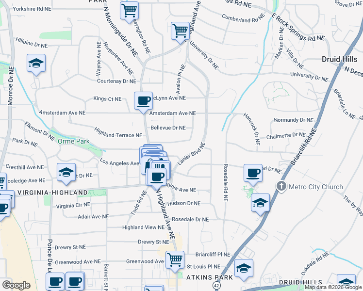 map of restaurants, bars, coffee shops, grocery stores, and more near 1056 Kentucky Avenue Northeast in Atlanta