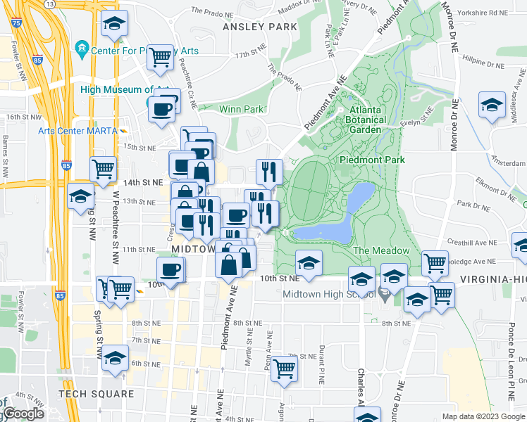 map of restaurants, bars, coffee shops, grocery stores, and more near 1116 Piedmont Avenue Northeast in Atlanta