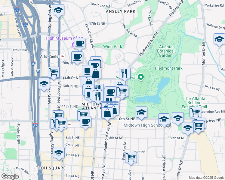map of restaurants, bars, coffee shops, grocery stores, and more near 242 12th Street Northeast in Atlanta