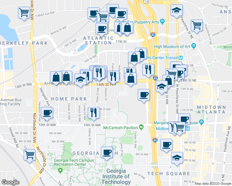 map of restaurants, bars, coffee shops, grocery stores, and more near 1100 Holly Street Northwest in Atlanta