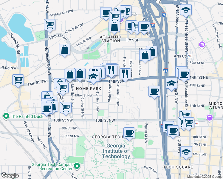 map of restaurants, bars, coffee shops, grocery stores, and more near 1090 State Street Northwest in Atlanta