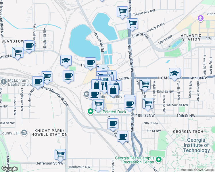 map of restaurants, bars, coffee shops, grocery stores, and more near 1085 Howell Mill Road Northwest in Atlanta