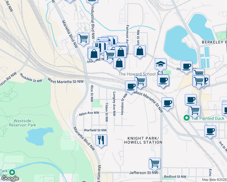 map of restaurants, bars, coffee shops, grocery stores, and more near 1122 West Marietta Street Northwest in Atlanta