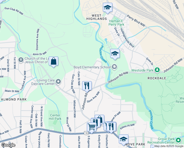 map of restaurants, bars, coffee shops, grocery stores, and more near 1985 Lois Place Northwest in Atlanta