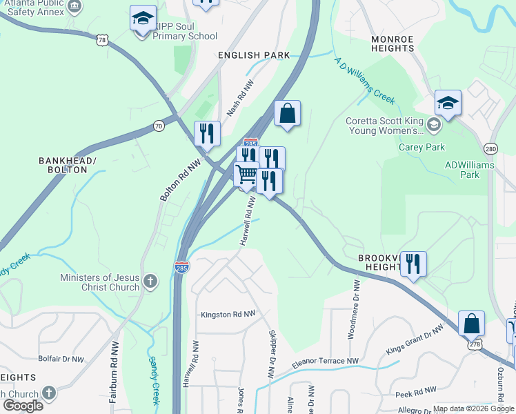map of restaurants, bars, coffee shops, grocery stores, and more near 1097 Harwell Road Northwest in Atlanta