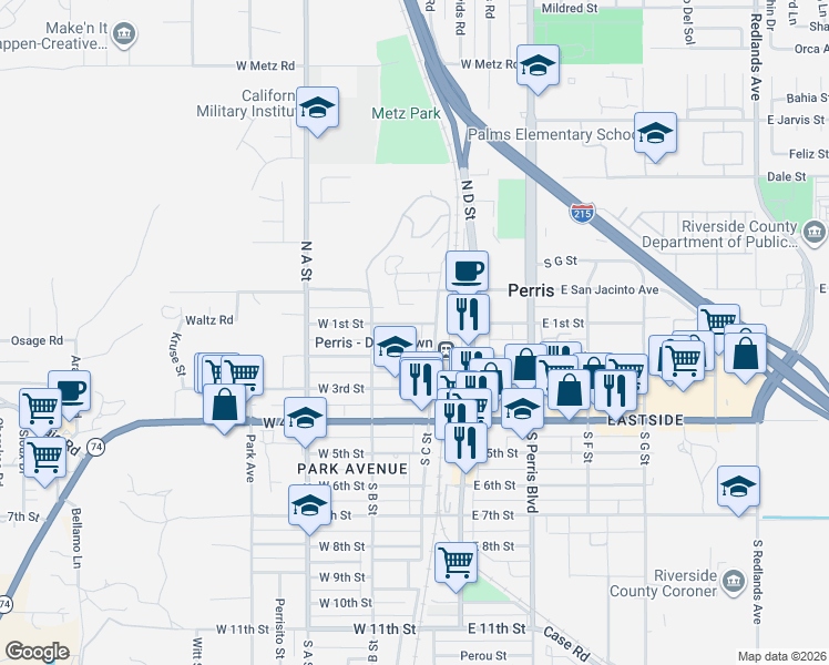 map of restaurants, bars, coffee shops, grocery stores, and more near 240 West 2nd Street in Perris