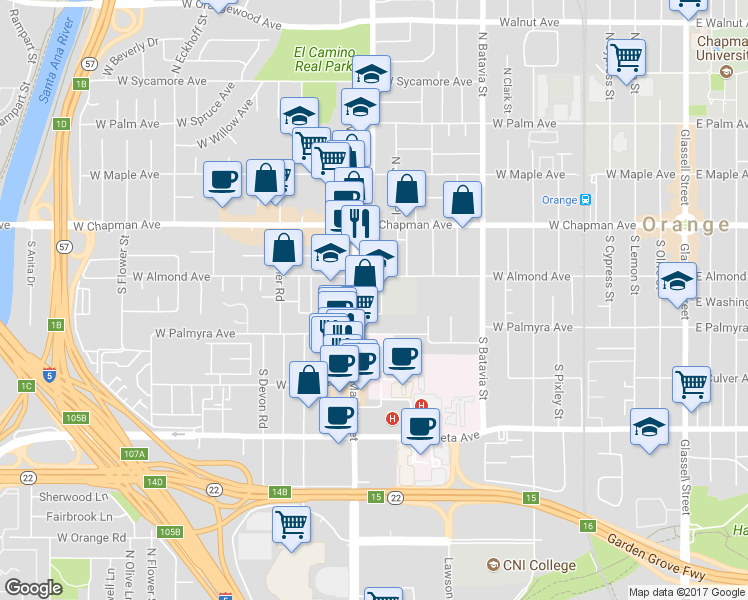 map of restaurants, bars, coffee shops, grocery stores, and more near 246 South Bush Street in Orange